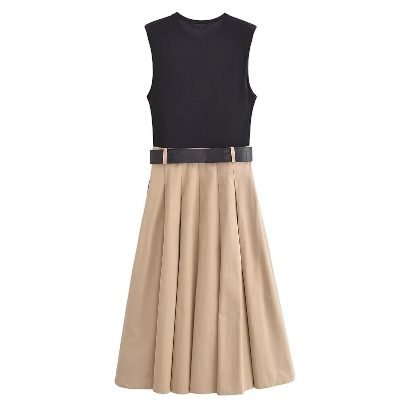 MUJERCN Belted Pleated Midi Dress For Women Sleeveless