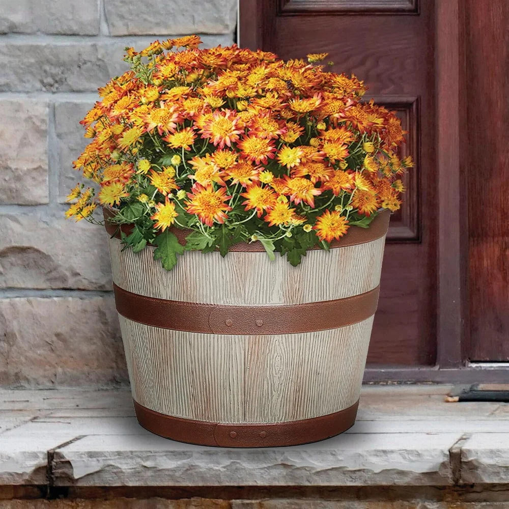 Whiskey Barrel Resin Planter for Indoor and Outdoor Use