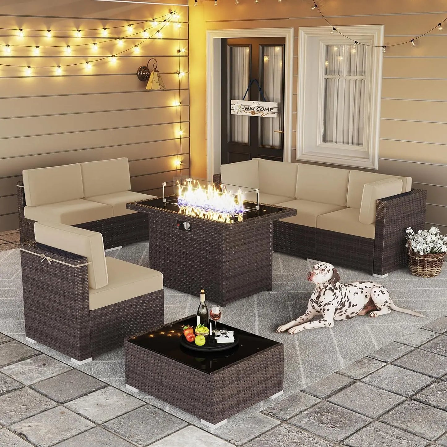 Outdoor Wicker Rattan Conversation Set With Fire Pit Table 15 Piece Patio Furniture Set