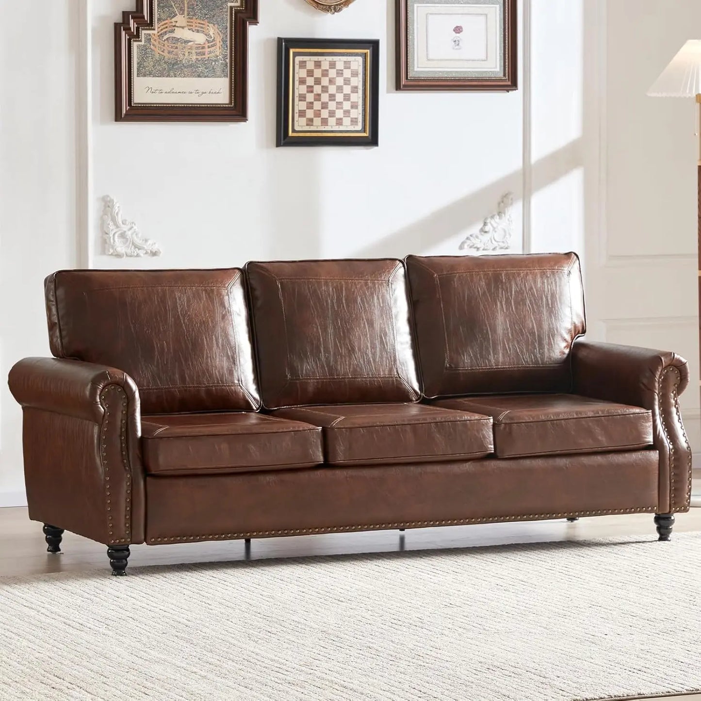 ZHUXIANG Faux Leather Sofa Mid Century Couch for Small Spaces