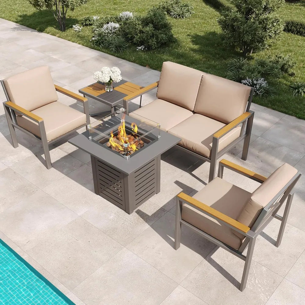 ANGDUO Patio Furniture Set With Fire Pit Table Outdoor Metal Sectional Cushions Wood Like Armrests