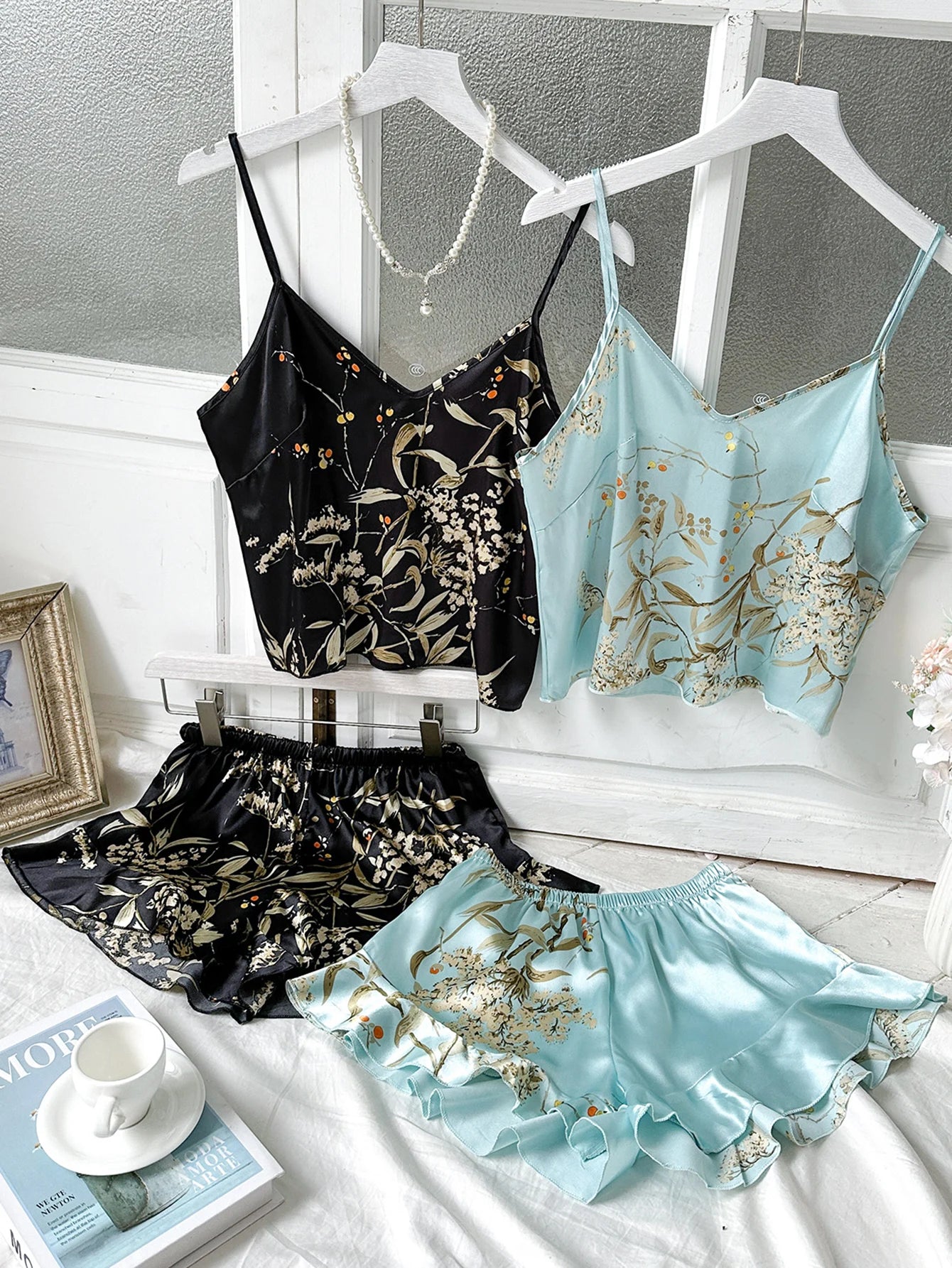 ZhejiangChoice Cherry Print Satin Pajama Set V Neck Halter