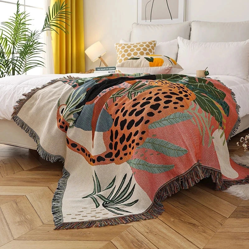 Women Leopard Throw Blanket Multifunctional Beach Sofa Cover Tassel Dust Cover Air Conditioning Blanket for Bed