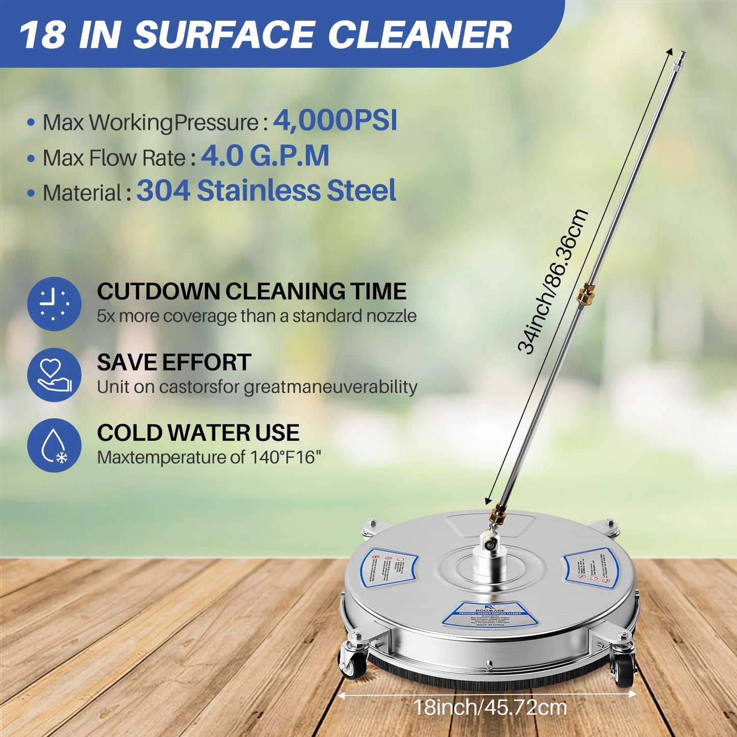 Roomark 4000 PSI Pressure Washer Surface Cleaner For Driveways Patios