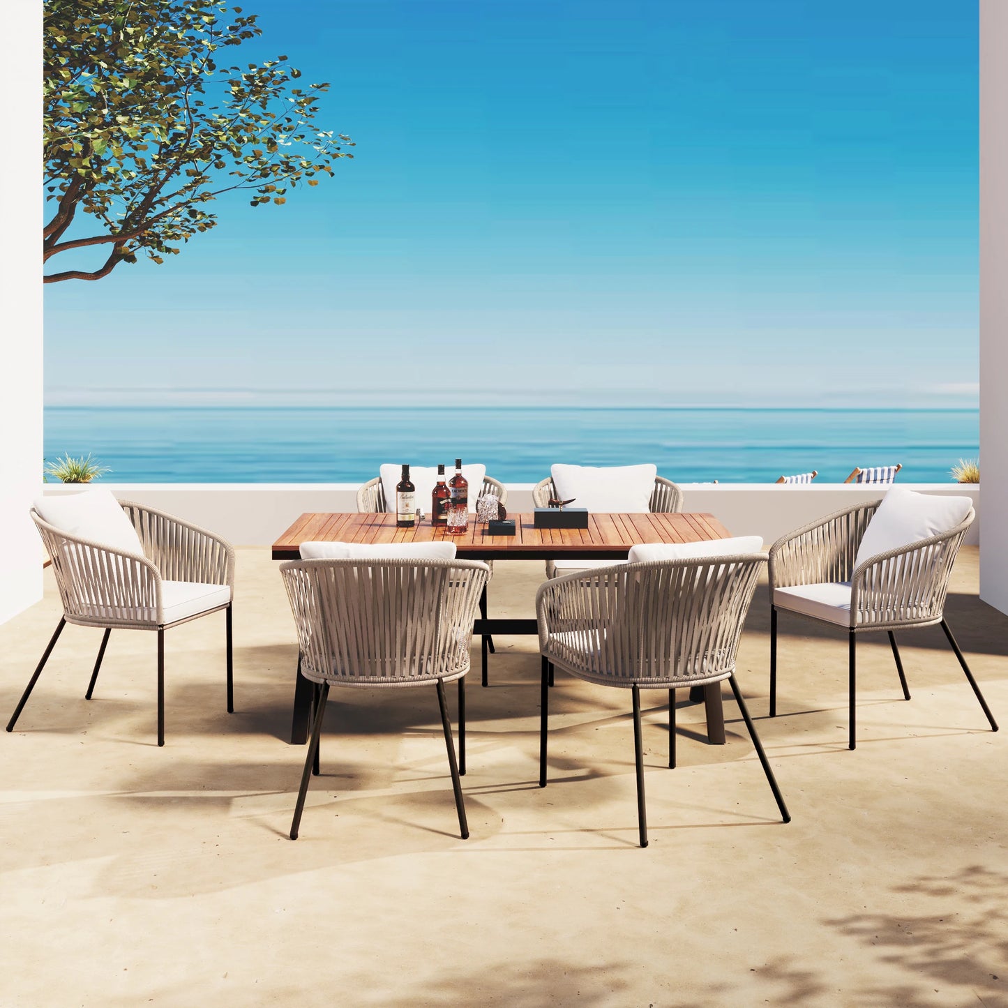 7 Pieces Patio Dining Set All Weather Outdoor Furniture Set with Acacia Wood Tabletop and Metal Frame