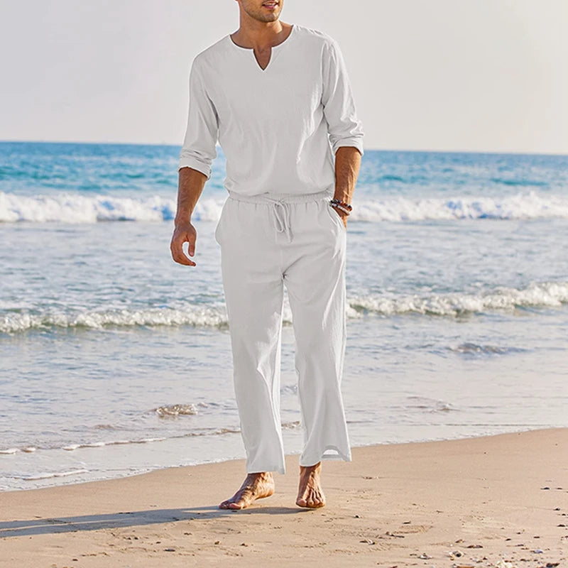 Guangdong Men's Summer Cotton Linen 2 Piece Loungewear Set