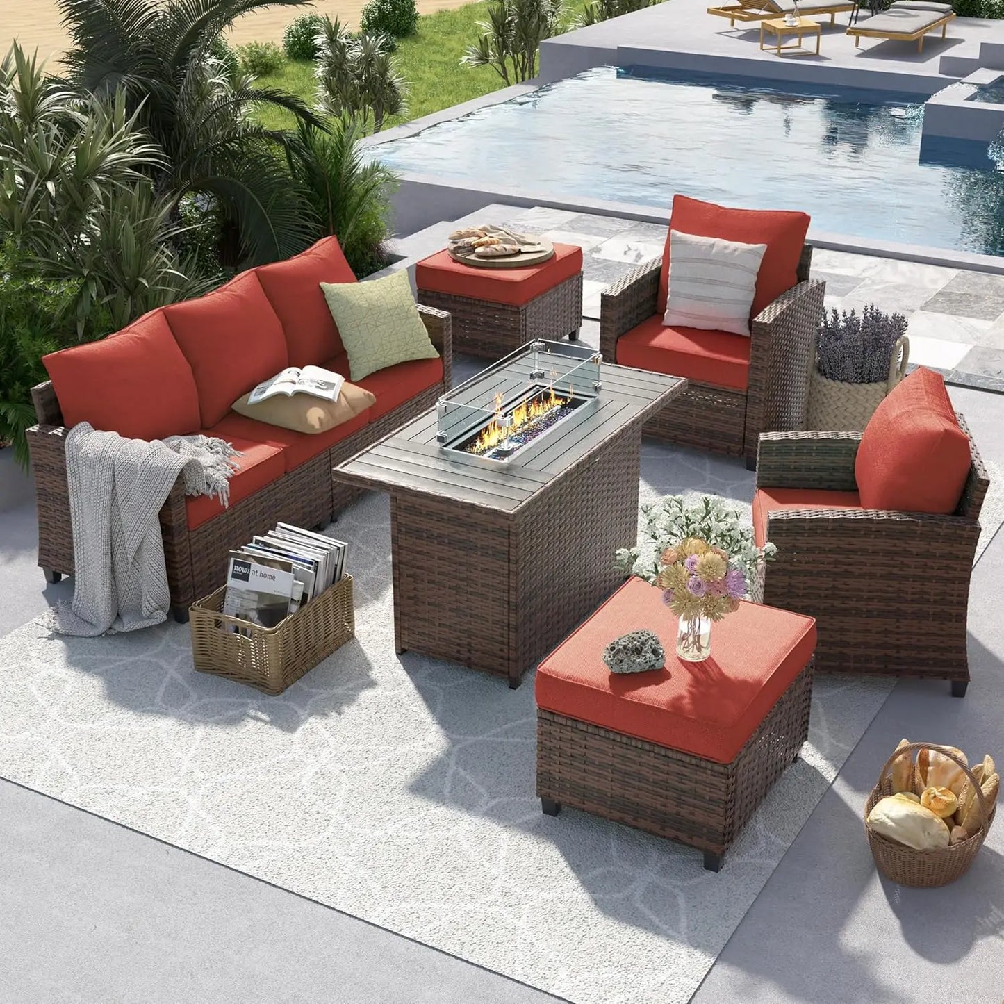 Outdoor Patio Furniture Set with 44 Inch Fire Pit Table for Garden Backyard Deck 6 Pieces Sectional Conversation Set