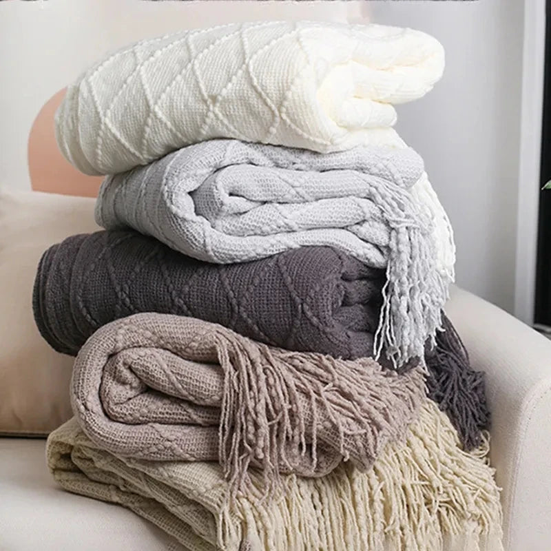 Nordic Knitted TV Blanket with Tassels Soft Fleece Throw Shawl for Sofa and Bed End Decor