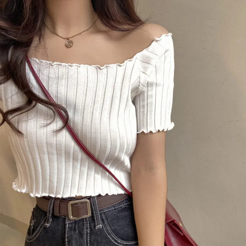 IToolin Women Ruffled Hem Off Shoulder Crop Top T-shirt