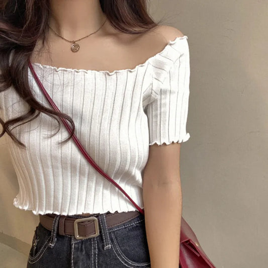 IToolin Women Ruffled Hem Off Shoulder Crop Top T-shirt