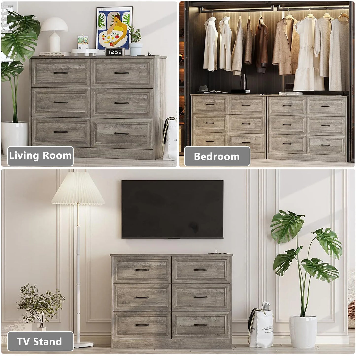 Vabches 6 Drawer Dresser For Bedroom With Power Strip