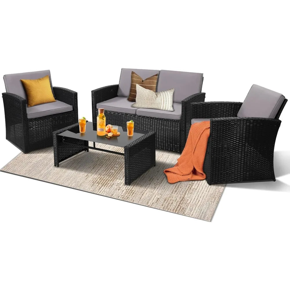 4 Piece Patio Conversation Set with Sofa Two Chairs and Coffee Table for Porch Deck Outdoor Wicker Sectional Furniture