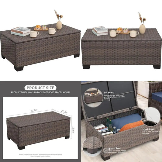 Outdoor Patio Storage Coffee Table With Wicker Design
