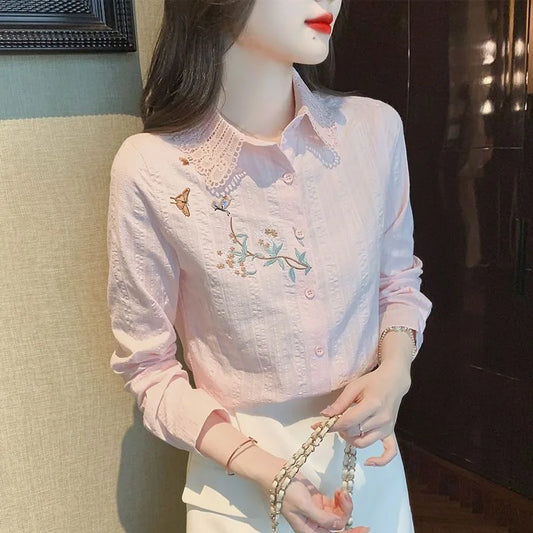 Guangdong Embroidered Womens Blouses Long Sleeve Collar