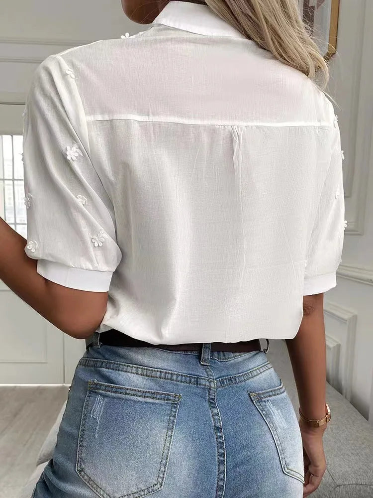 MagesuekCN Embroidered Cotton Women Blouse Lantern V Neck