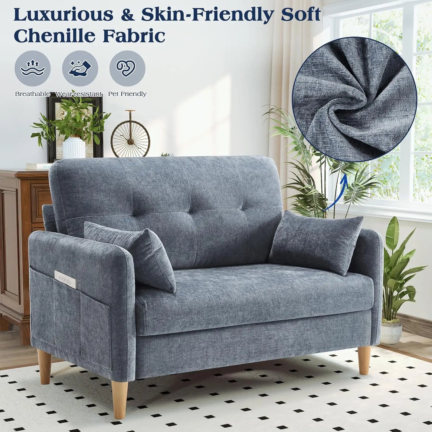 Comfy Chenille Loveseat Sofa with Removable Cushions and Pillows