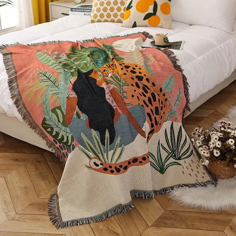 Women Leopard Throw Blanket Multifunctional Beach Sofa Cover Tassel Dust Cover Air Conditioning Blanket for Bed