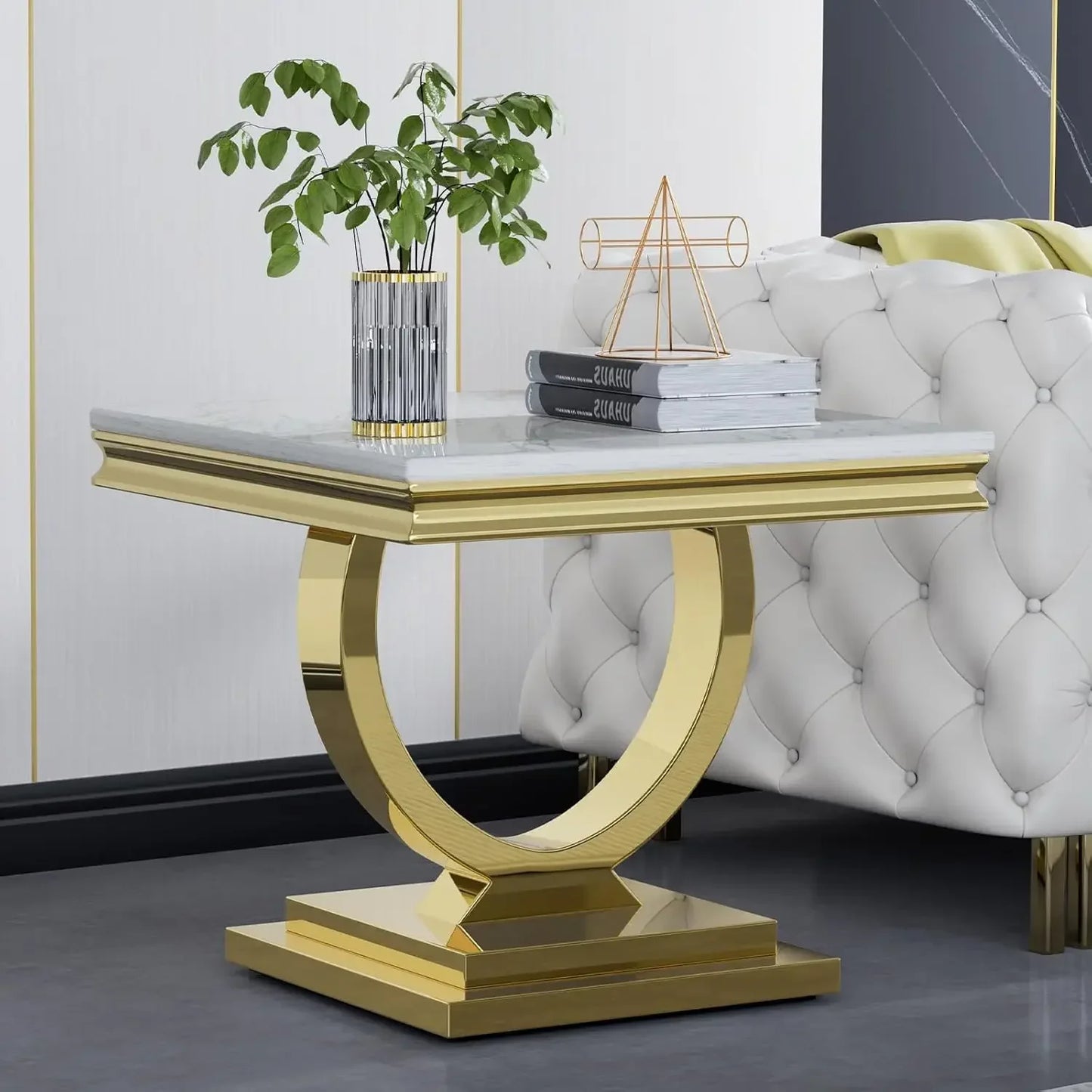 47 Inch Rectangular Coffee Table Modern White Faux Marble Cocktail Table with Silver Mirrored Finish U Shape Stainless Steel Base