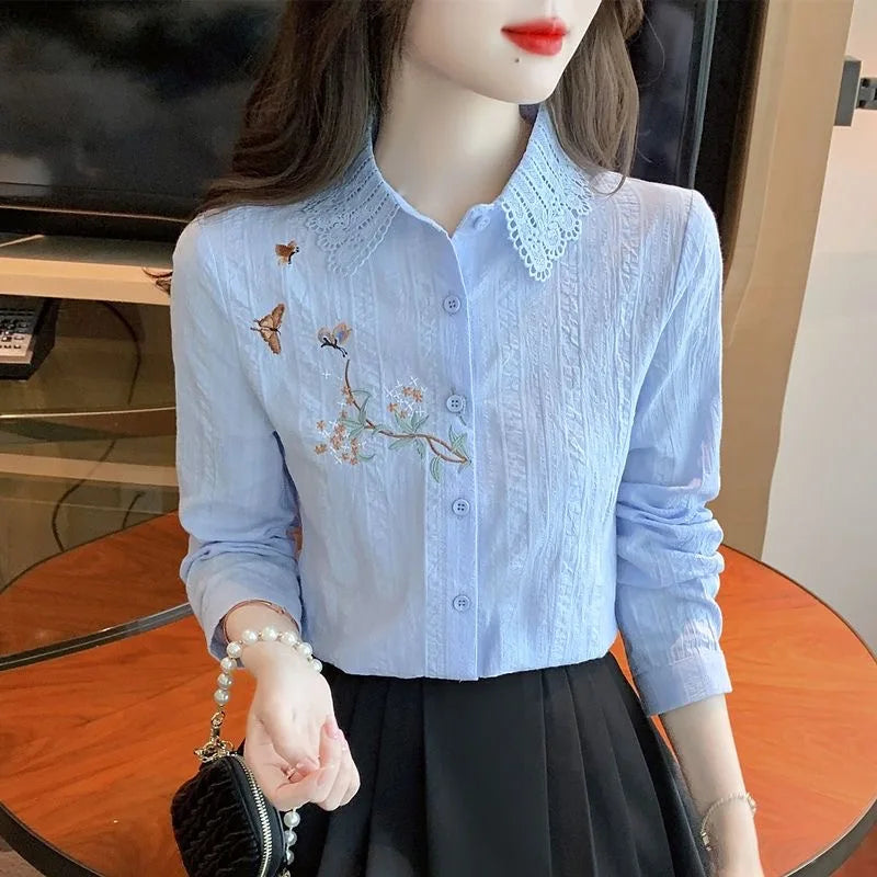 Guangdong Embroidered Womens Blouses Long Sleeve Collar