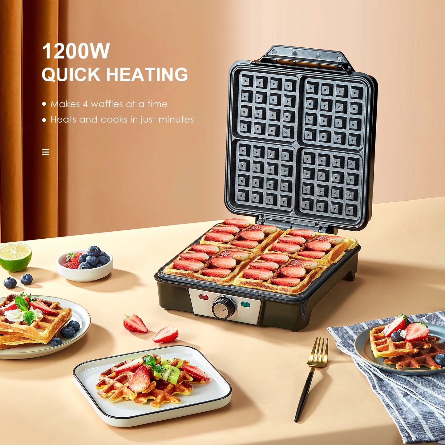 4 Slice Belgian Waffle Maker with 3 Browning Levels Nonstick Square Plates 1200 Watts Compact Design