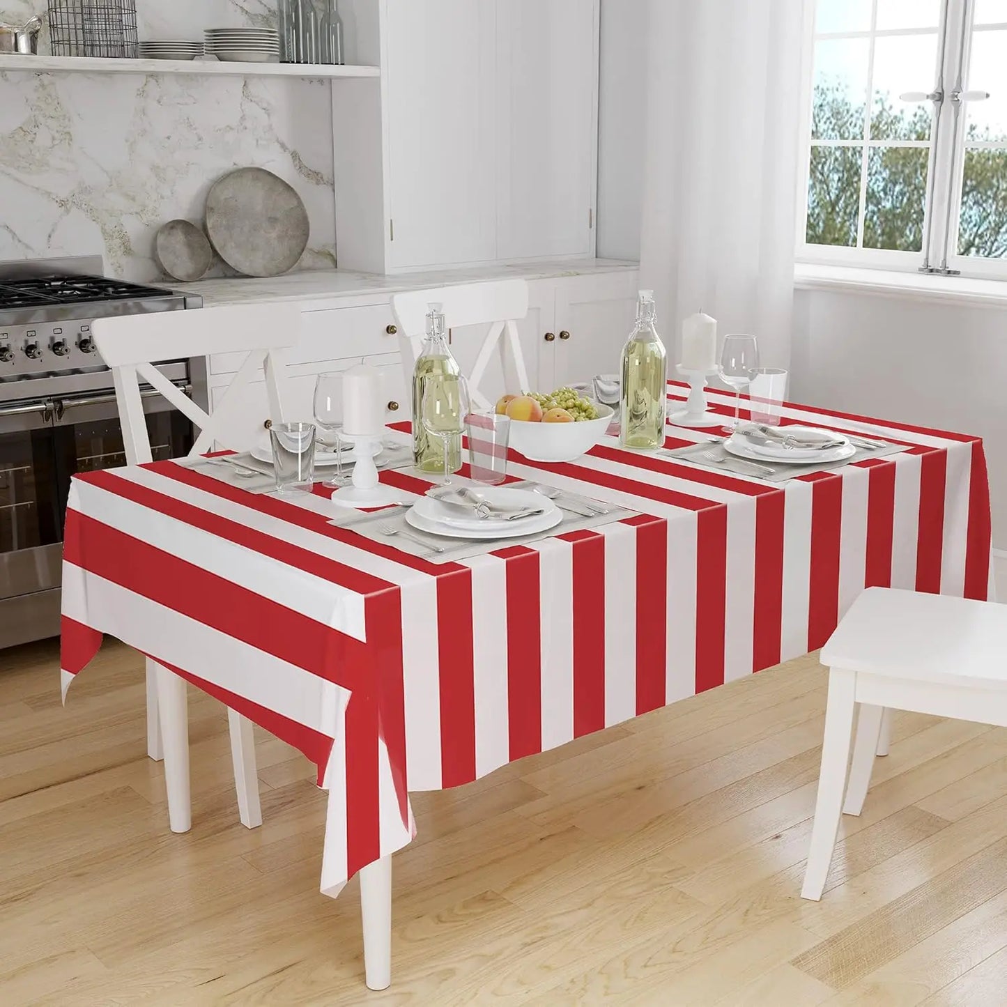 Waterproof Red and White Striped Tablecloth for Parties