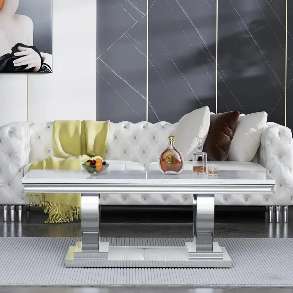 47 Inch Rectangular Coffee Table Modern White Faux Marble Cocktail Table with Silver Mirrored Finish U Shape Stainless Steel Base