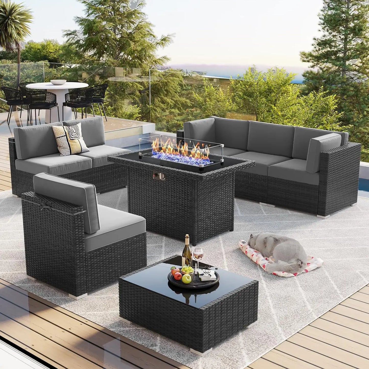 Outdoor Wicker Rattan Conversation Set With Fire Pit Table 15 Piece Patio Furniture Set
