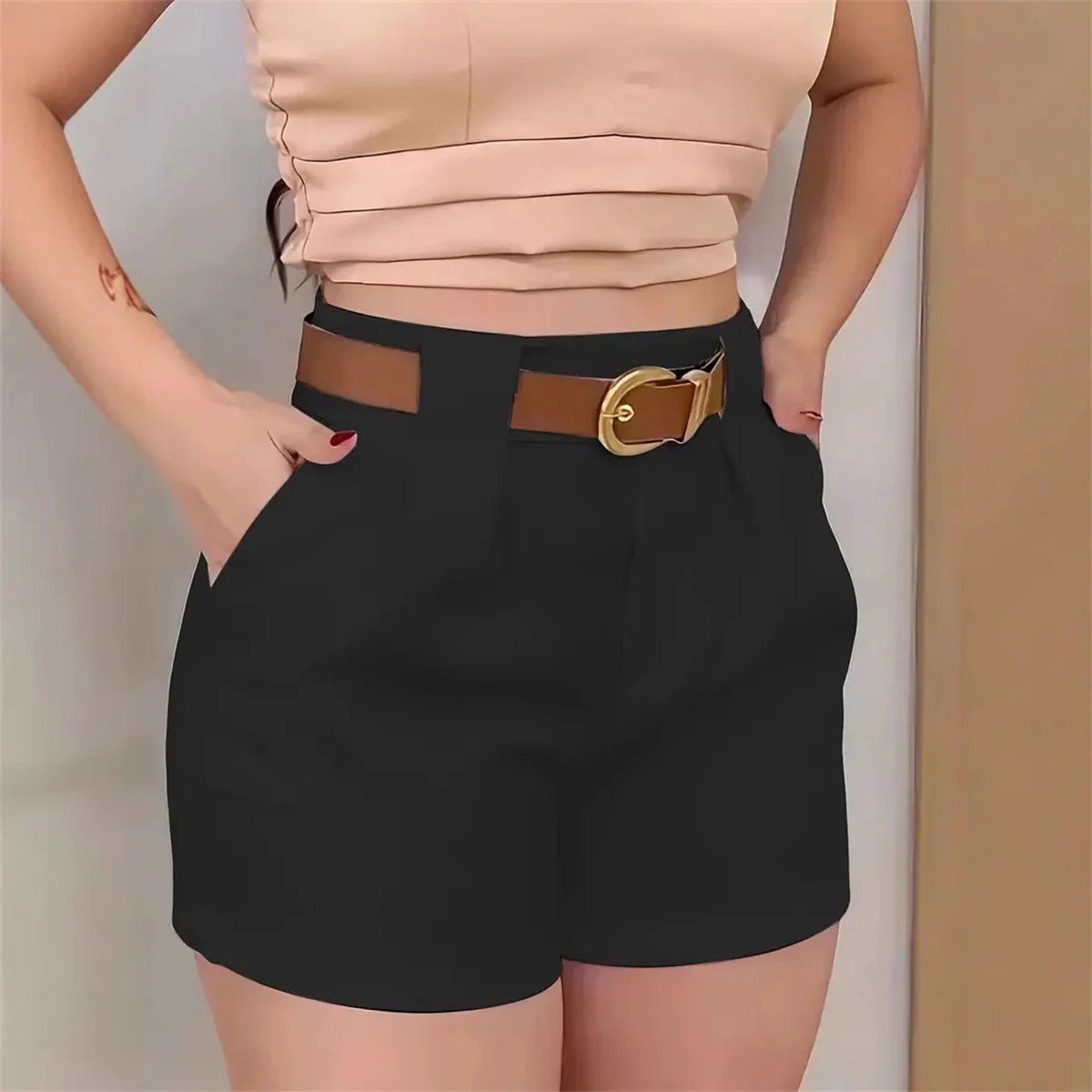 DOHTIH Women High Waist Belted Shorts Elegant Casual Pants