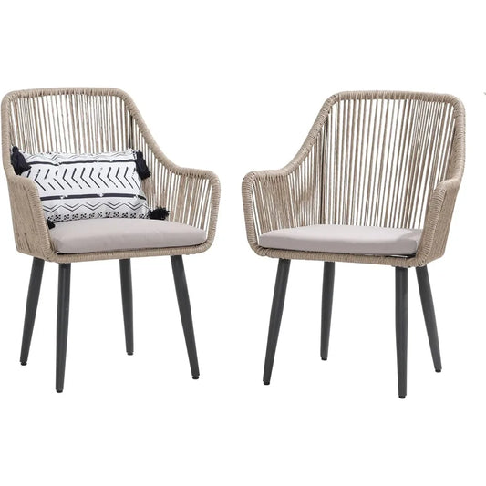 Modern Outdoor Dining Chairs Set of Two Woven Rope Rattan