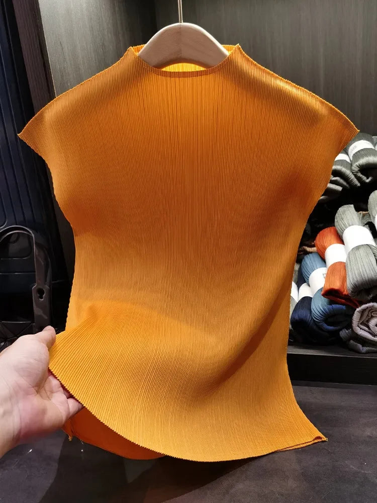 YUDXCN Women Pleated Top with Stand Up Collar