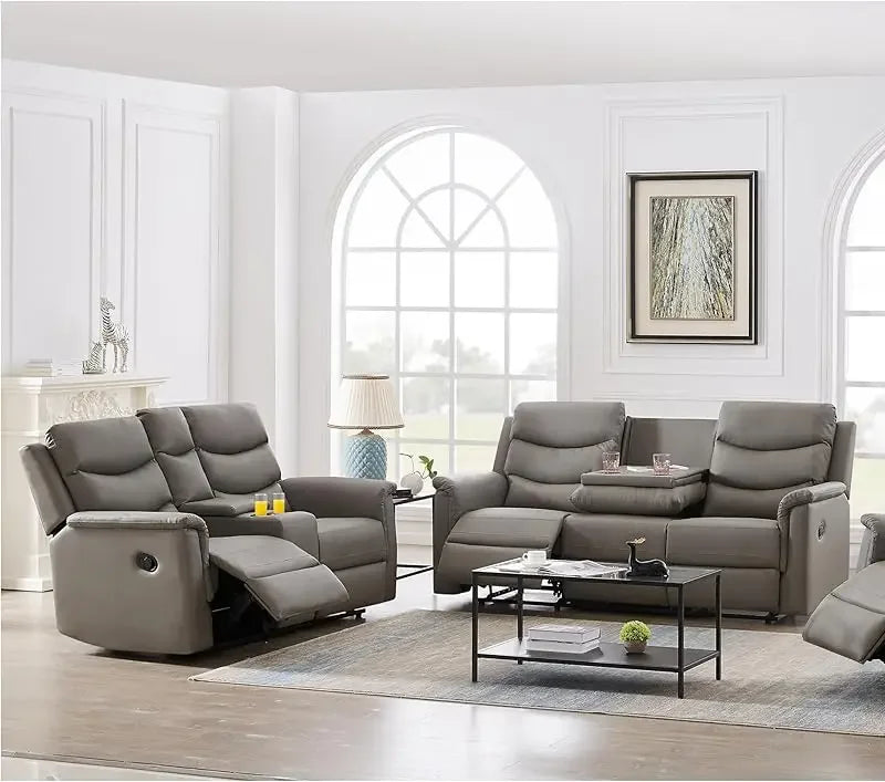 Comfy Scandinavian Leather Sofa Set with Recliners and Cup Holders