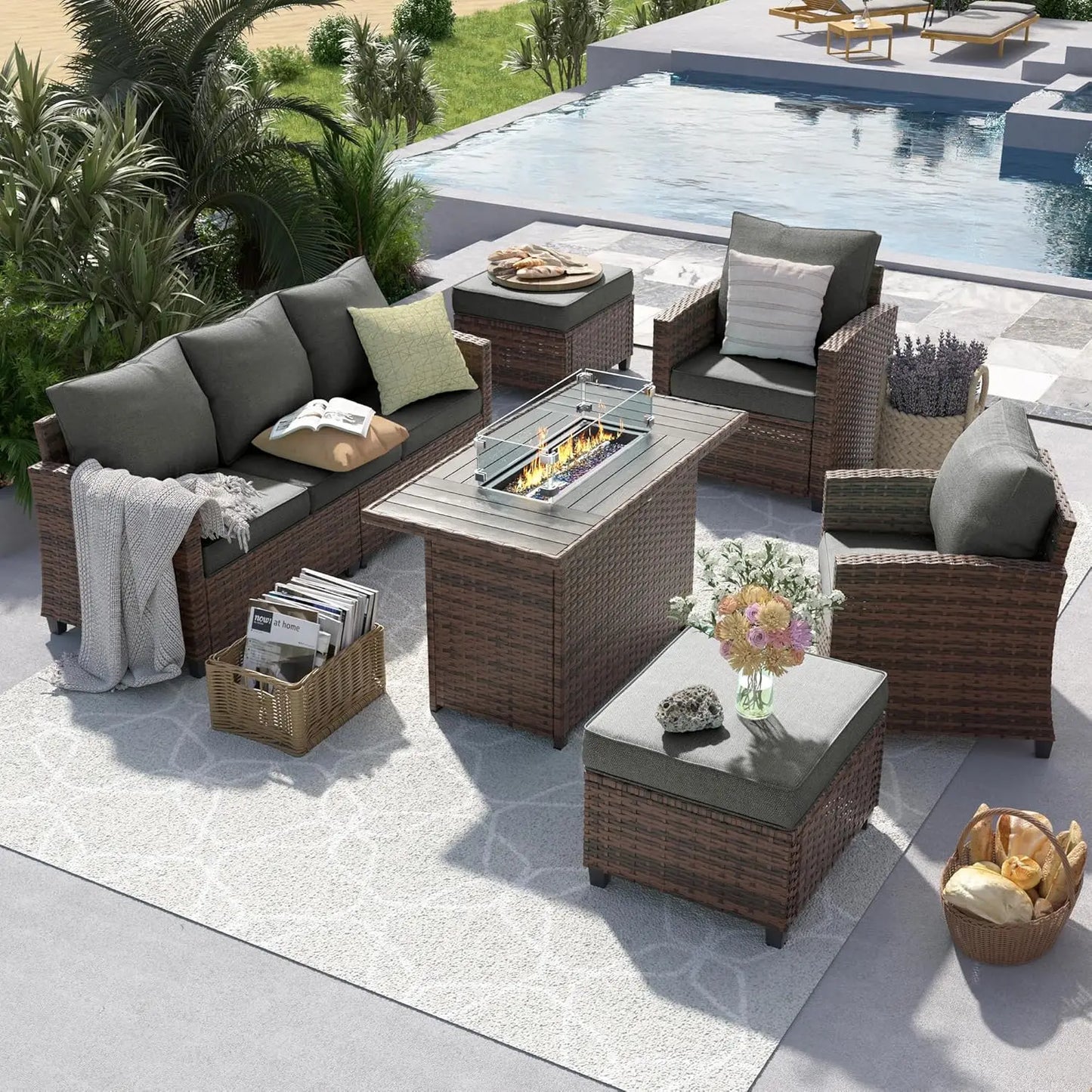 Outdoor Patio Furniture Set with 44 Inch Fire Pit Table for Garden Backyard Deck 6 Pieces Sectional Conversation Set