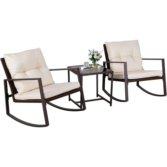 3-Piece Patio Bistro Set With Outdoor Rocking Chairs And Glass Coffee Table For Stylish Outdoor Living