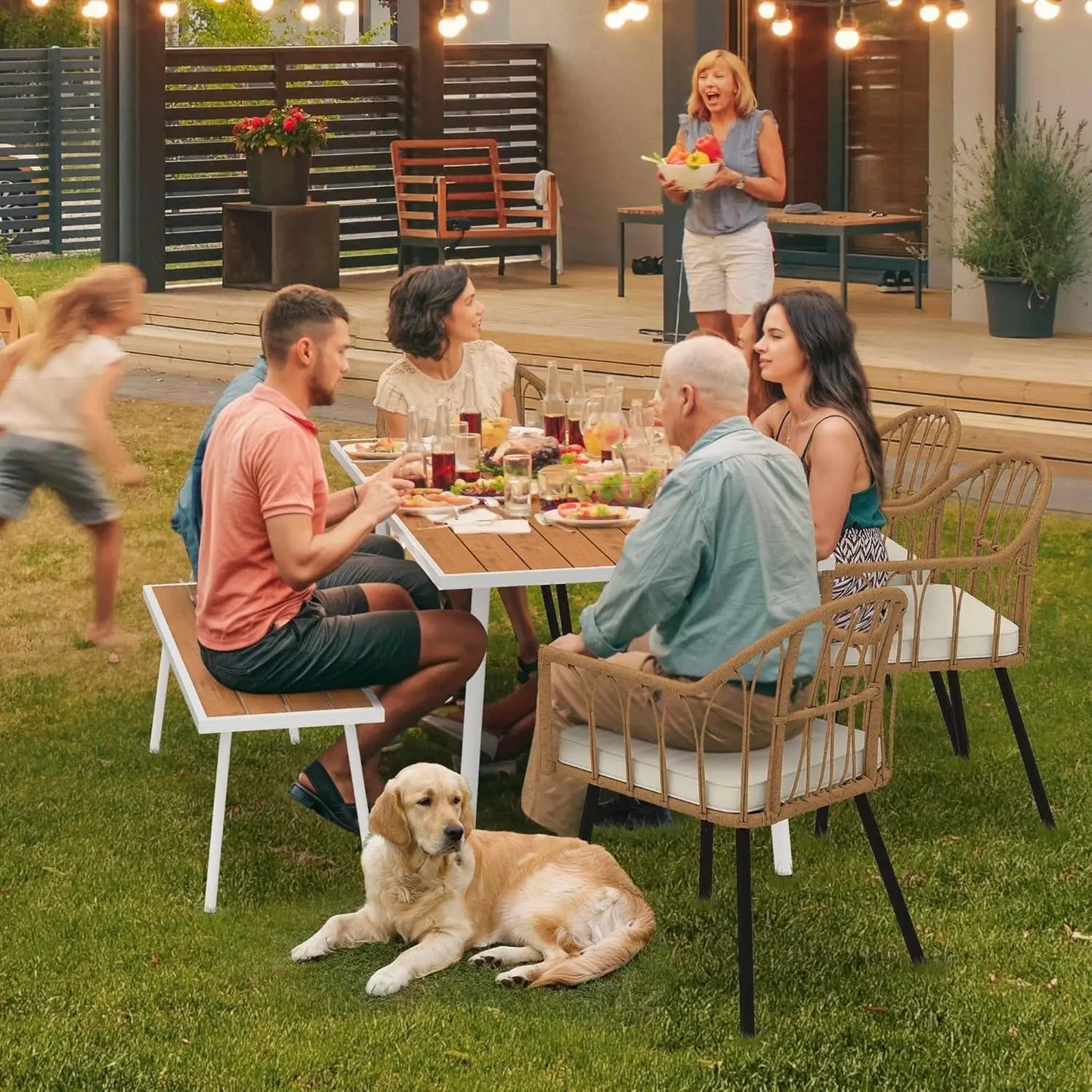 Folded Outdoor Dining Set For 6 With Wicker Table Chairs