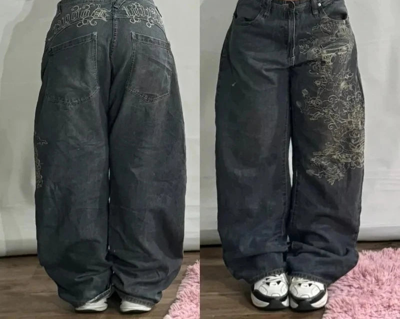 Streetwear Embroidered Baggy Jeans Women High Waist Wide Leg