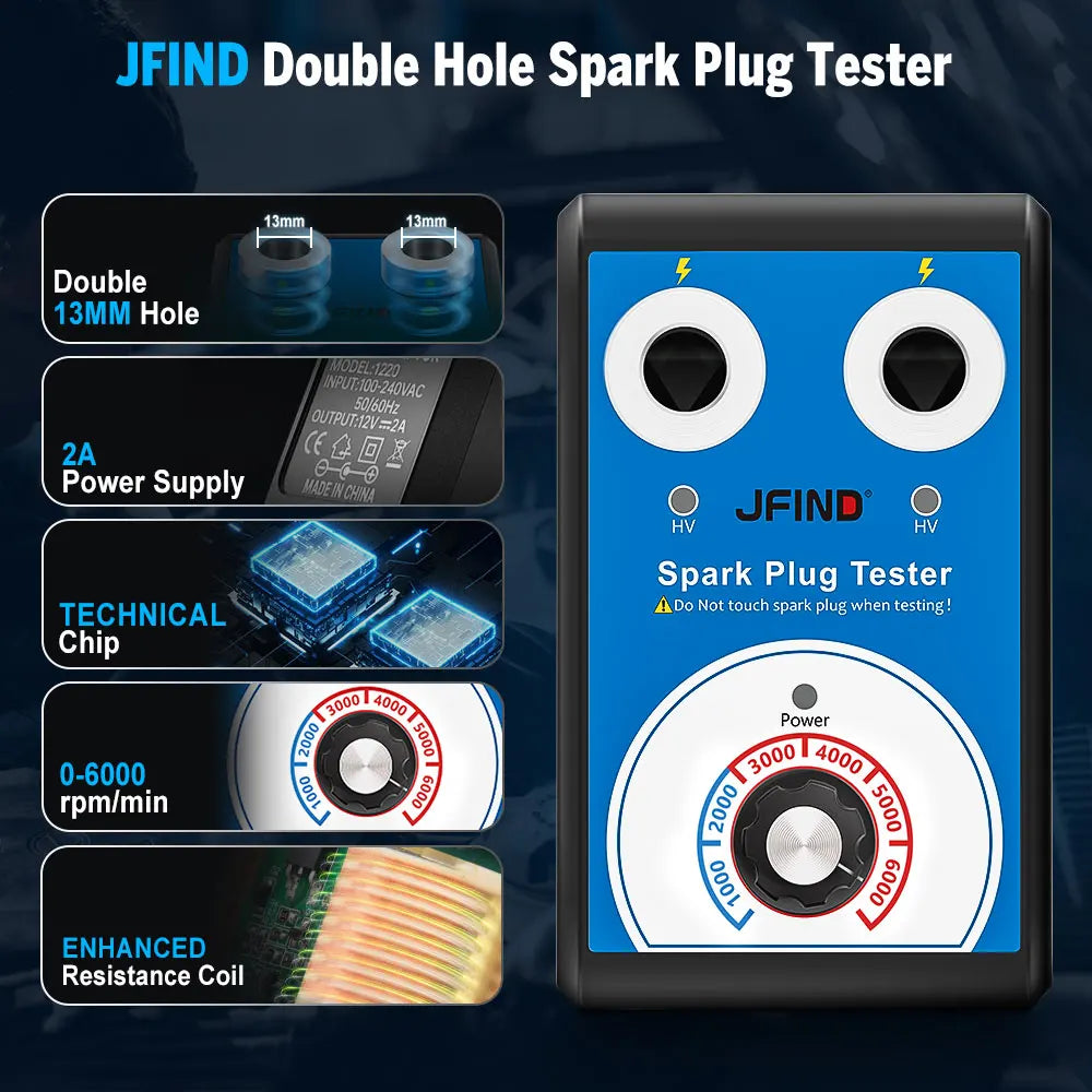 Spark Plug Tester Double Hole Diagnostic Tool 12V Auto Engine Ignition Detector 0-6000RPM