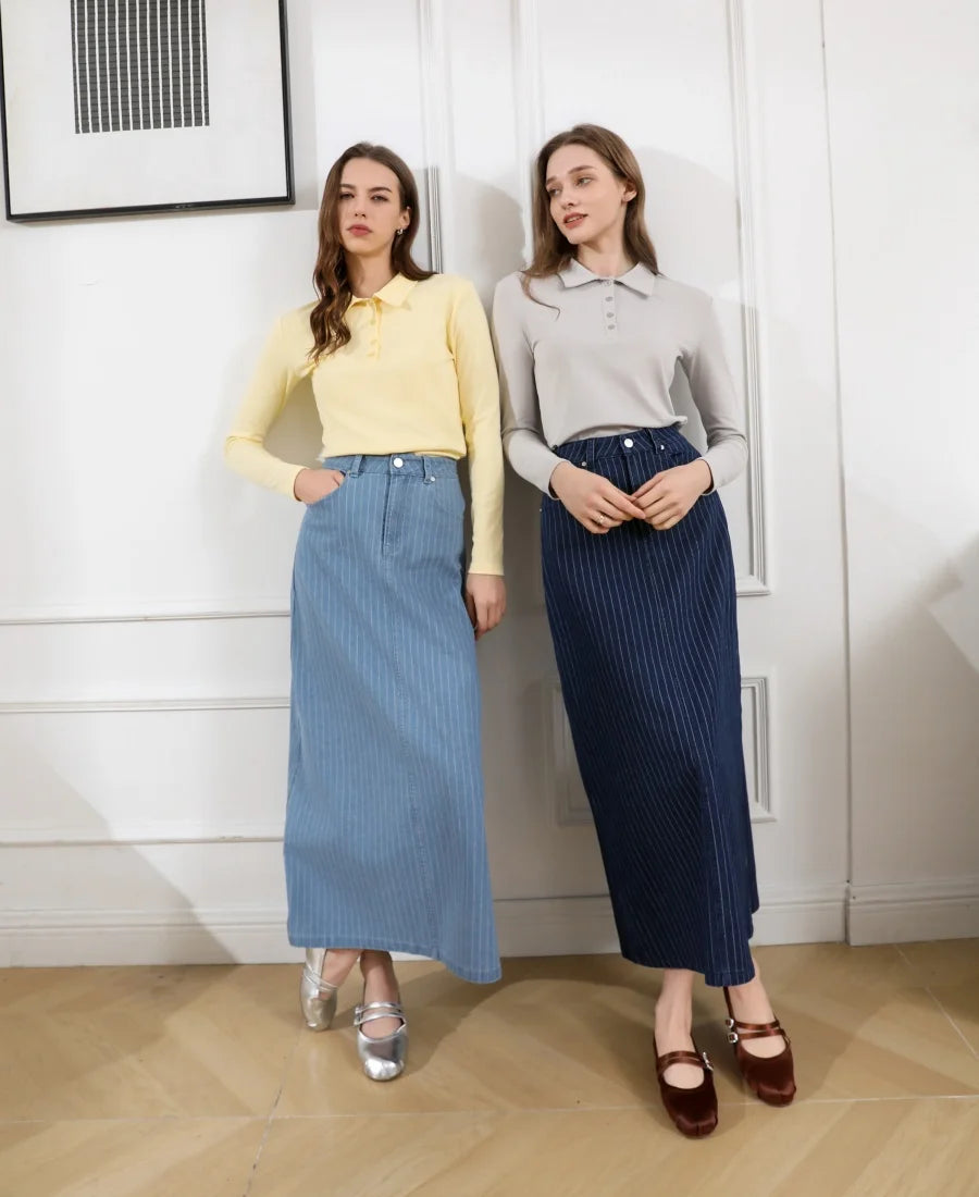 Trendy Pinstripe Denim Skirt for Stylish Women Fashion
