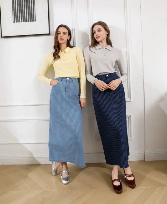 Trendy Pinstripe Denim Skirt for Stylish Women Fashion
