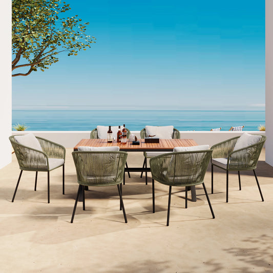 7 Pieces Patio Dining Set All Weather Outdoor Furniture Set with Acacia Wood Tabletop and Metal Frame