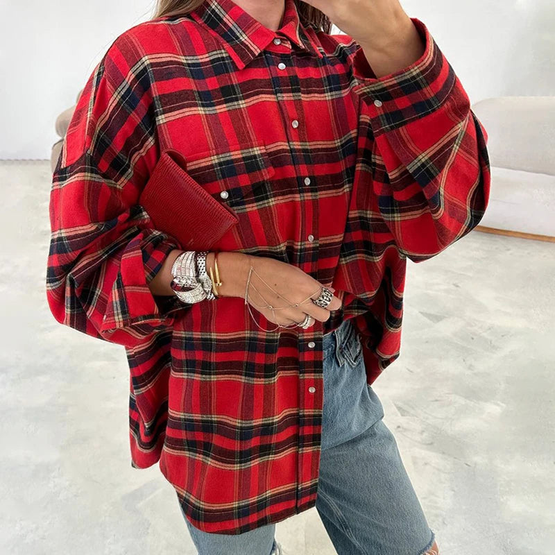 FSMGCN Versatile Plaid Shirt For Women Oversized Blouse