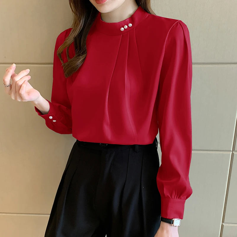 CN Guangdong Satin Blouse Women Long Sleeve Beading Collar