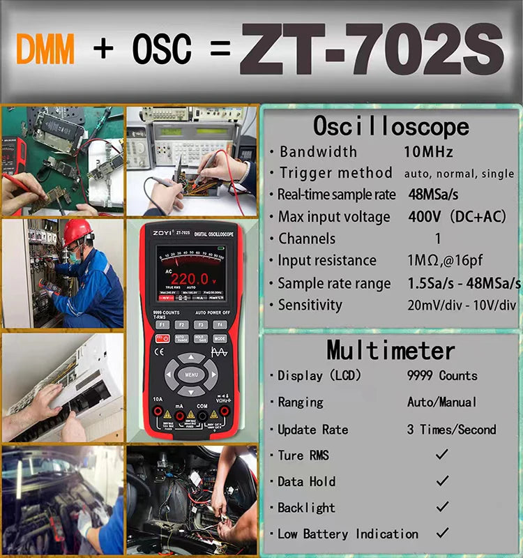 ZOYI ZT-702S 2 In 1 Handheld Digital Oscilloscope Multimeter