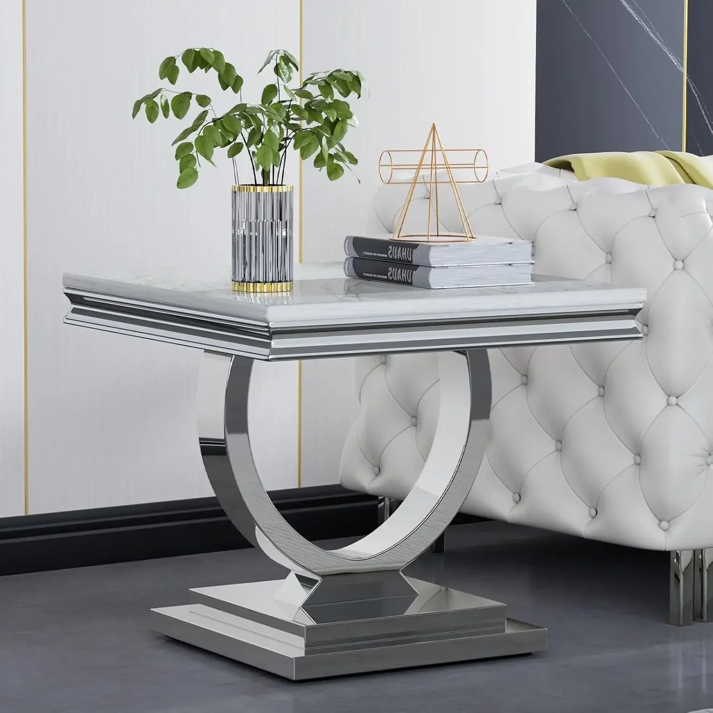 47 Inch Rectangular Coffee Table Modern White Faux Marble Cocktail Table with Silver Mirrored Finish U Shape Stainless Steel Base