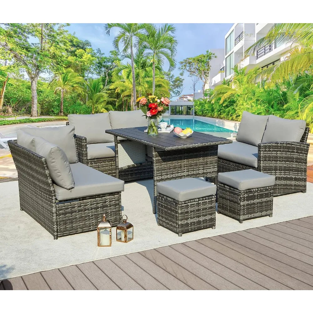 Outdoor Furniture 7 Piece Set with Dining Table and Chairs All Weather Wicker Set with Ottoman Garden Furniture Set