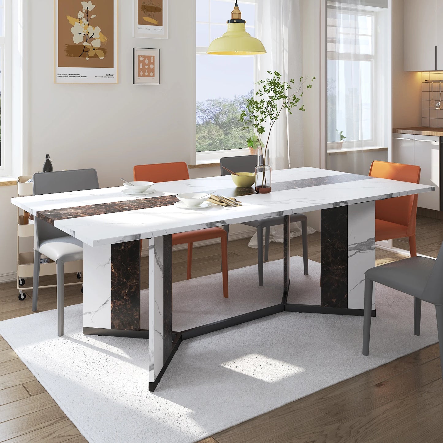 71 Inch Large Rectangular White Dining Table for 4 to 10 People Modern Family Dinner Table with Marble Color Wood Top and Metal Legs
