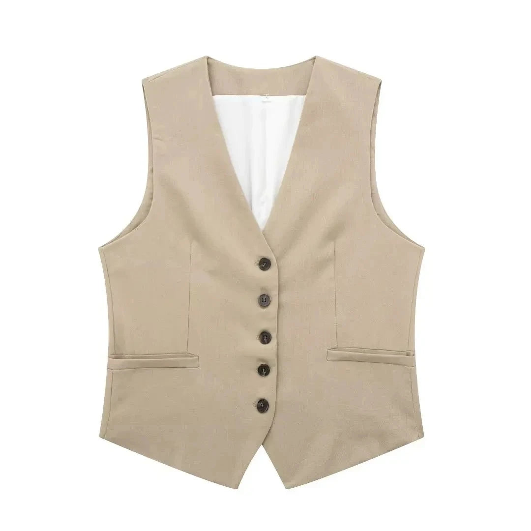 TRAFZA Women Casual Vintage Pant Suit Vest Shorts Set