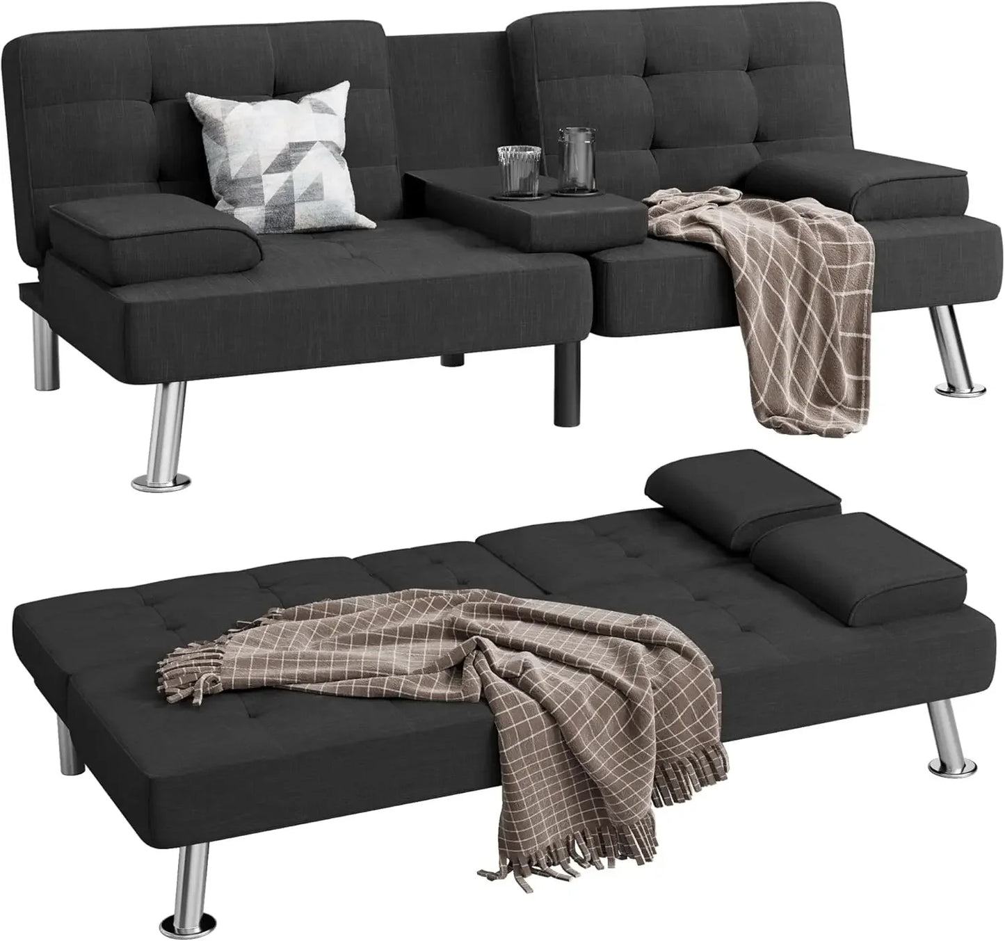 XMSJ Modern Linen Upholstered Convertible Futon Sofa Bed Removable Armrests