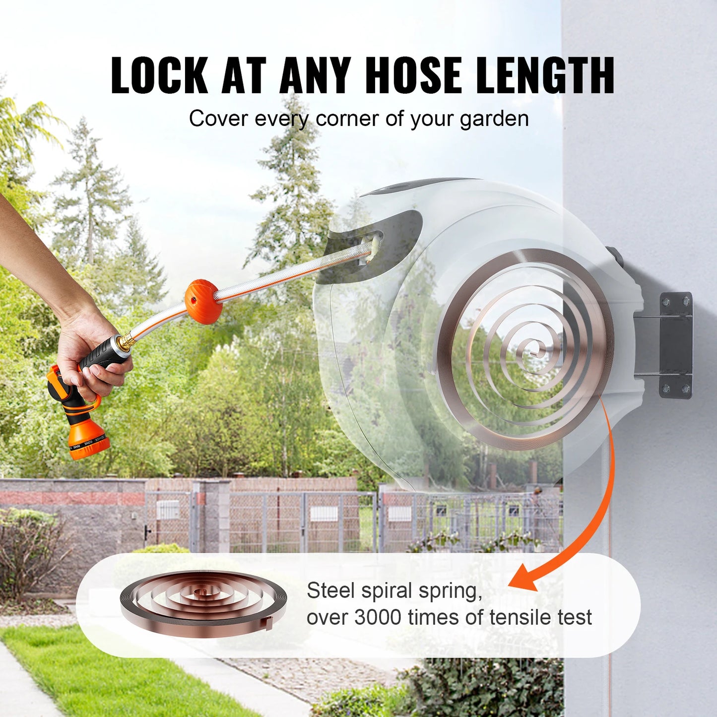 SucceBuy Retractable Hose Reel 180 Degree Swivel Bracket Wall Mounted Garden Water Hose Reel with 9 Pattern Nozzle Automatic Rewind