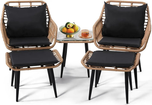 5 Piece Wicker Bistro Patio Conversation Furniture Set with 2 Chairs 2 Ottomans and Side Table for Porch and Balcony