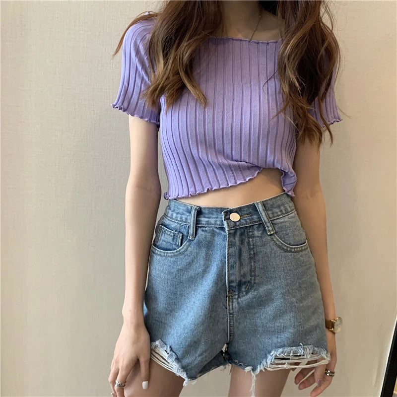 IToolin Women Ruffled Hem Off Shoulder Crop Top T-shirt